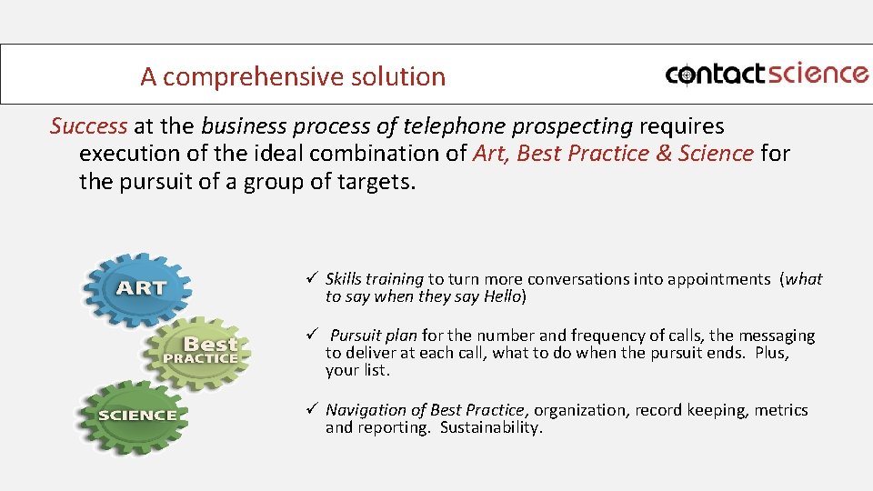 A comprehensive solution Success at the business process of telephone prospecting requires execution of