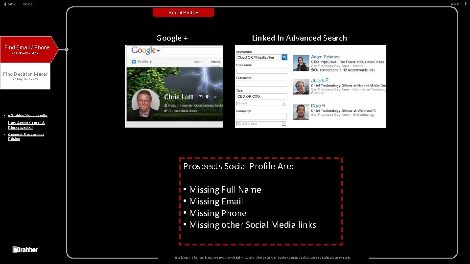 BACK HOME NEXT Social Profiles Google + Linked In Advanced Search Find Email /