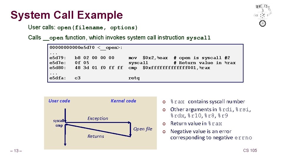System Call Example User calls: open(filename, options) Calls __open function, which invokes system call System Call Example User calls: open(filename, options) Calls __open function, which invokes system call