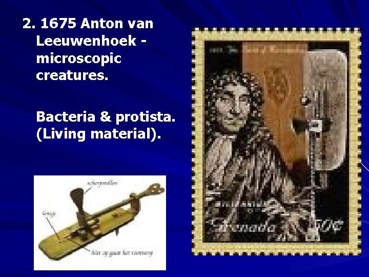 2. 1675 Anton van Leeuwenhoek microscopic creatures. Bacteria & protista. (Living material). 