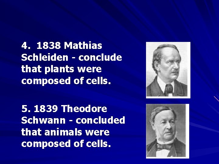 4. 1838 Mathias Schleiden - conclude that plants were composed of cells. 5. 1839