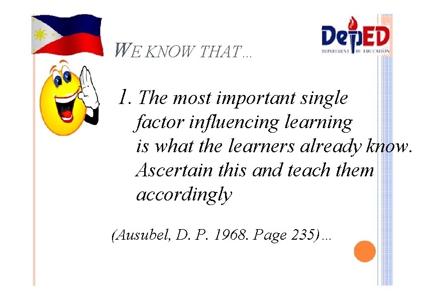 WE KNOW THAT… 1. The most important single factor influencing learning is what the