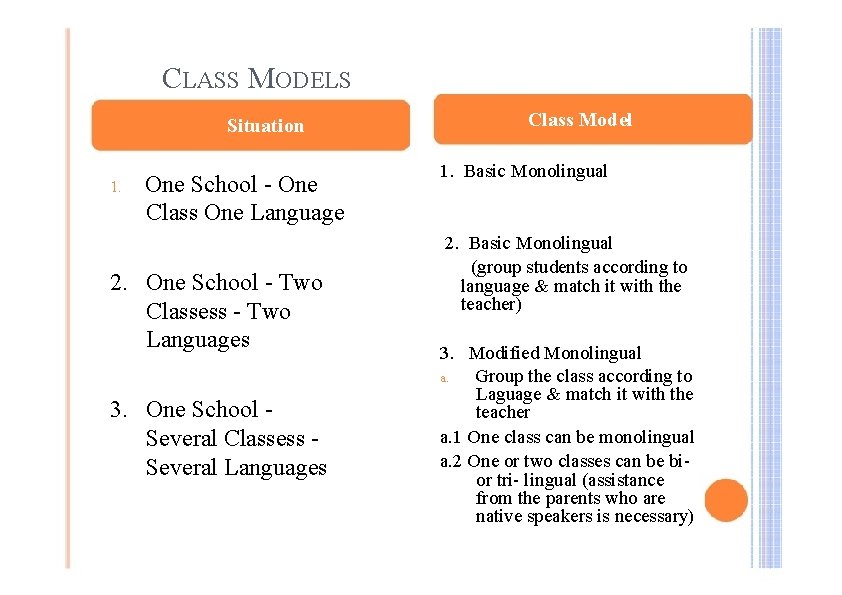 CLASS MODELS Situation 1. One School - One Class One Language 2. One School