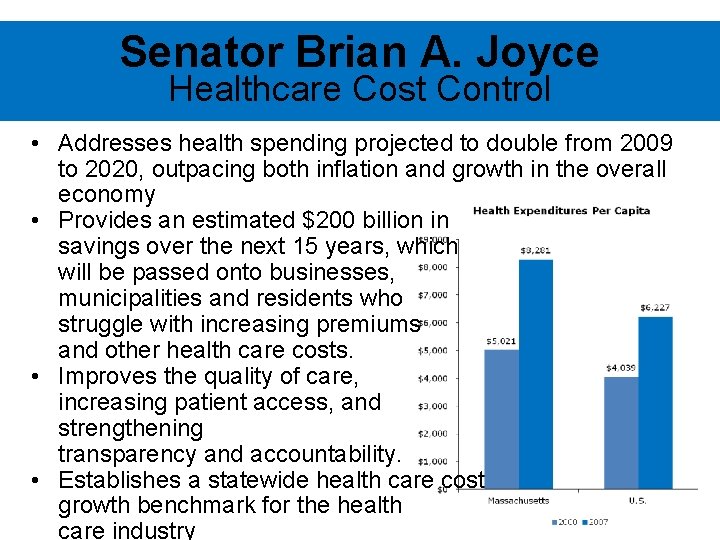 Senator Brian A. Joyce Healthcare Cost Control • Addresses health spending projected to double
