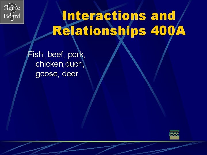 Game Board Interactions and Relationships 400 A Fish, beef, pork, chicken, duch, goose, deer.