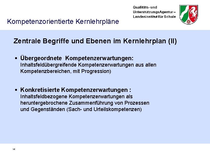 Kompetenzorientierte Kernlehrpläne Zentrale Begriffe und Ebenen im Kernlehrplan (II) § Übergeordnete Kompetenzerwartungen: Inhaltsfeldübergreifende Kompetenzerwartungen