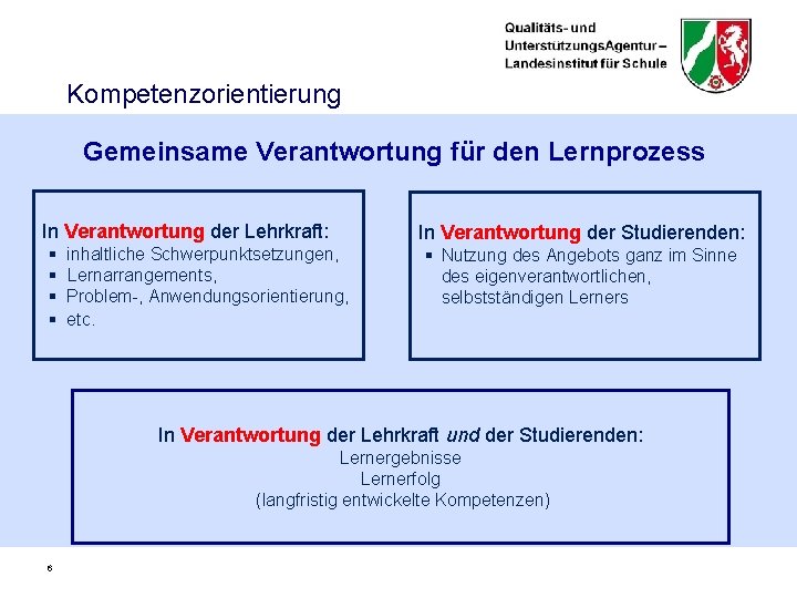 Kompetenzorientierung Gemeinsame Verantwortung für den Lernprozess In Verantwortung der Lehrkraft: § § inhaltliche Schwerpunktsetzungen,