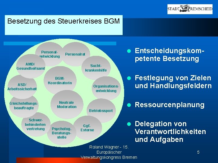 Besetzung des Steuerkreises BGM Personalentwicklung Personalrat AMD/ Gesundheitsamt ASD/ Arbeitssicherheit Gleichstellungsbeauftragte Schwerbehinderten vertretung l