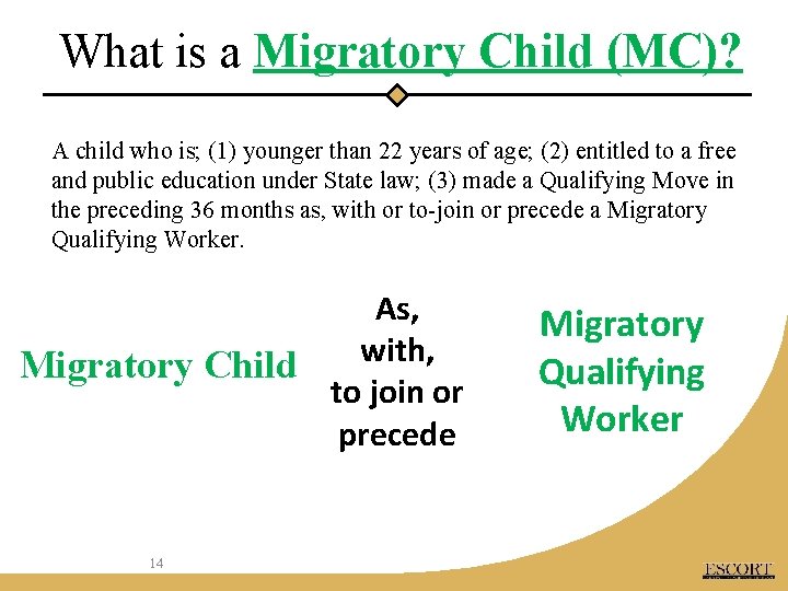 What is a Migratory Child (MC)? A child who is; (1) younger than 22