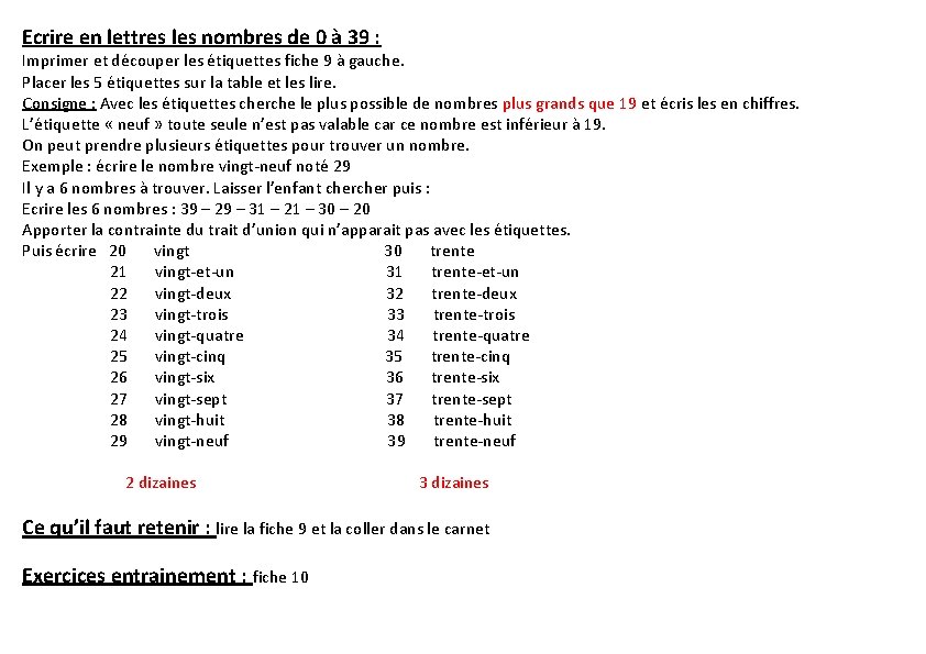 Ecrire en lettres les nombres de 0 à 39 : Imprimer et découper les