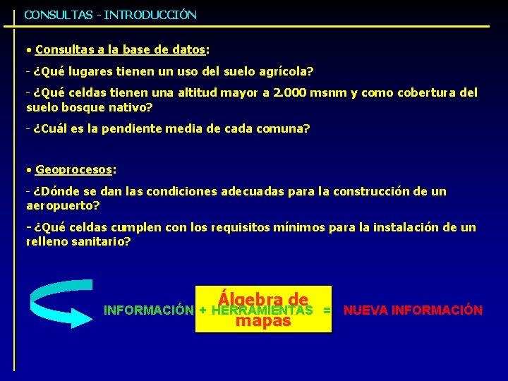 CONSULTAS - INTRODUCCIÓN • Consultas a la base de datos: - ¿Qué lugares tienen