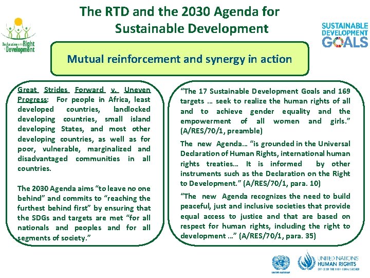 The RTD and the 2030 Agenda for Sustainable Development Mutual reinforcement and synergy in