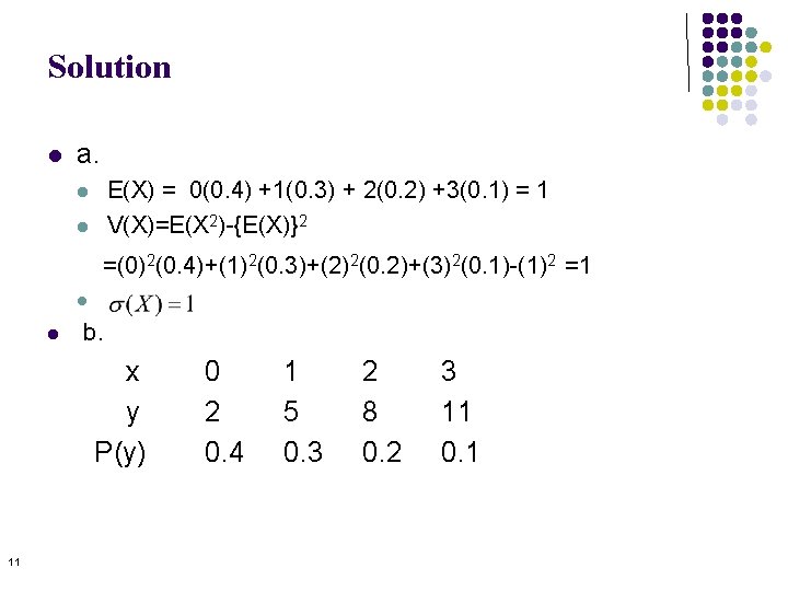 Solution l a. E(X) = 0(0. 4) +1(0. 3) + 2(0. 2) +3(0. 1) Solution l a. E(X) = 0(0. 4) +1(0. 3) + 2(0. 2) +3(0. 1)