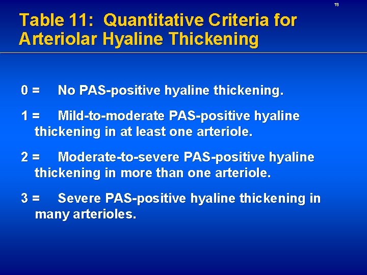 19 Table 11: Quantitative Criteria for Arteriolar Hyaline Thickening 0= No PAS-positive hyaline thickening.