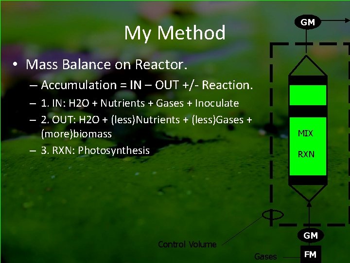 GM My Method • Mass Balance on Reactor. – Accumulation = IN – OUT