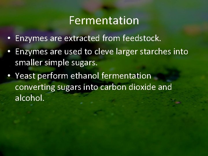 Fermentation • Enzymes are extracted from feedstock. • Enzymes are used to cleve larger