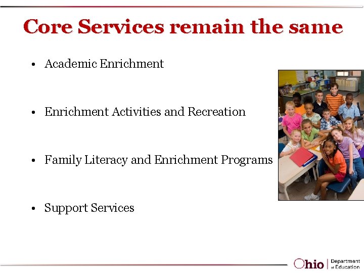 Core Services remain the same • Academic Enrichment • Enrichment Activities and Recreation •