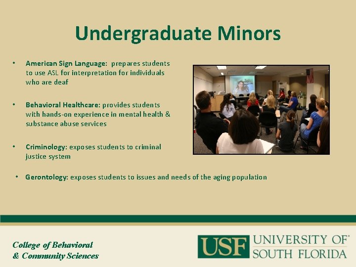 Undergraduate Minors • American Sign Language: prepares students to use ASL for interpretation for