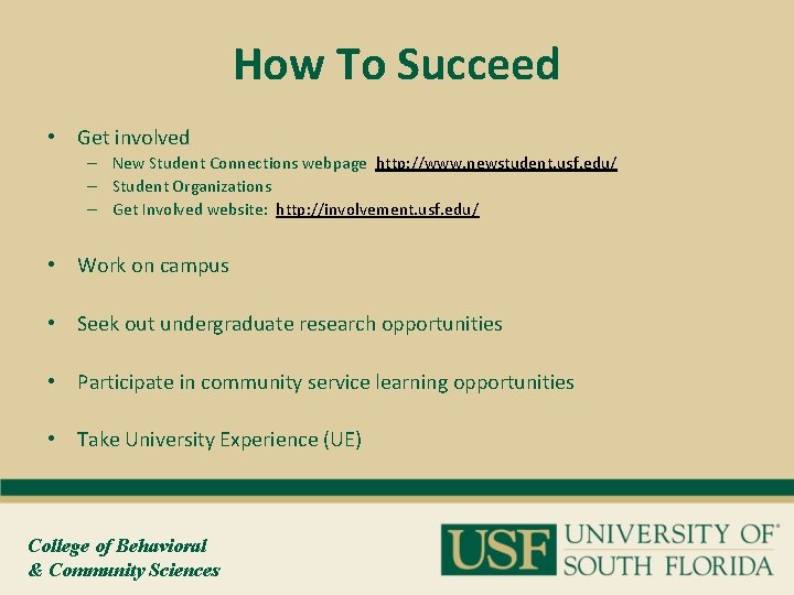 How To Succeed • Get involved – New Student Connections webpage http: //www. newstudent.