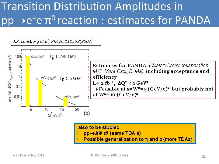 Transition Distribution Amplitudes in pp e+e-π0 reaction : estimates for PANDA J. P. Lansberg