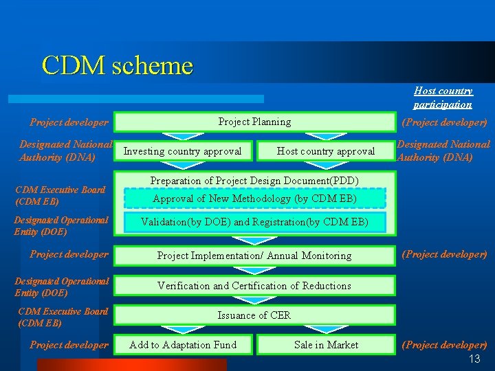 CDM scheme Host country participation Project developer Designated National Authority (DNA) CDM Executive Board