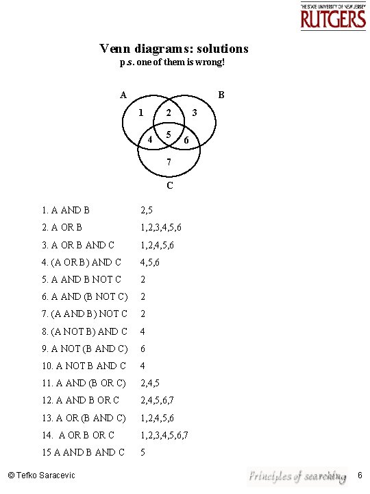 Venn diagrams: solutions p. s. one of them is wrong! A B 1 2