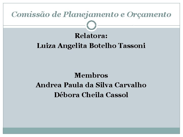Comissão de Planejamento e Orçamento Relatora: Luiza Angelita Botelho Tassoni Membros Andrea Paula da