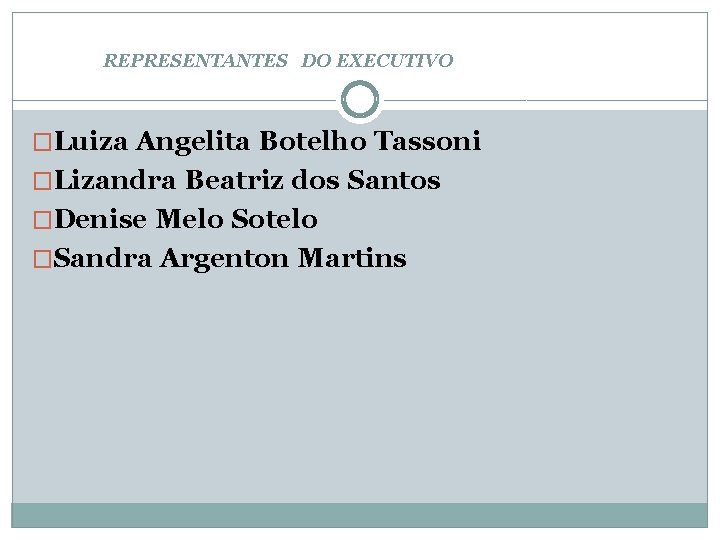 REPRESENTANTES DO EXECUTIVO �Luiza Angelita Botelho Tassoni �Lizandra Beatriz dos Santos �Denise Melo Sotelo