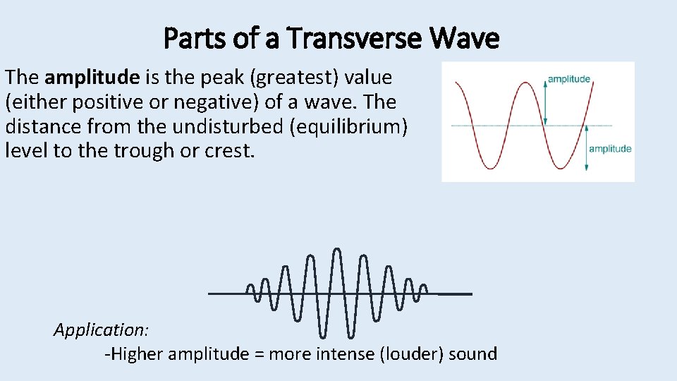 Parts of a Transverse Wave The amplitude is the peak (greatest) value (either positive