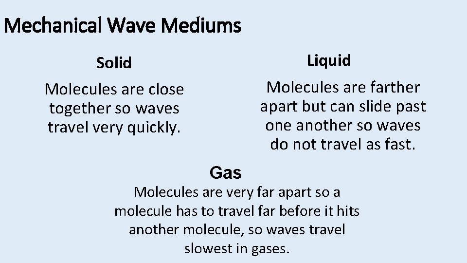 Mechanical Wave Mediums Liquid Solid Molecules are close together so waves travel very quickly.