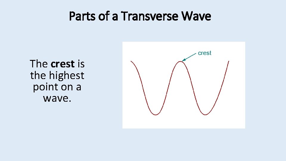 Parts of a Transverse Wave The crest is the highest point on a wave.