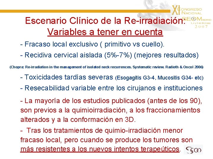 Escenario Clínico de la Re-irradiación: Variables a tener en cuenta - Fracaso local exclusivo