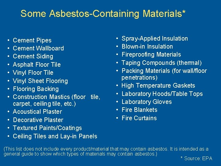 Some Asbestos-Containing Materials* • • • Cement Pipes Cement Wallboard Cement Siding Asphalt Floor