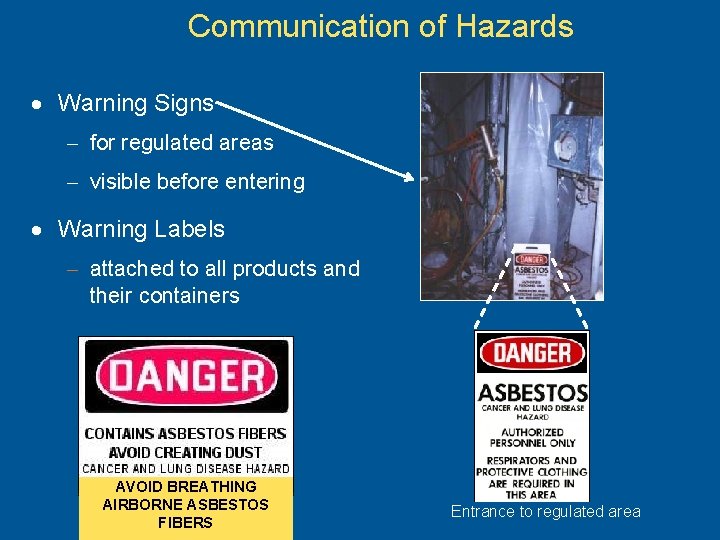 Communication of Hazards · Warning Signs - for regulated areas - visible before entering