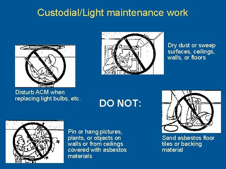 Custodial/Light maintenance work Dry dust or sweep surfaces, ceilings, walls, or floors Disturb ACM