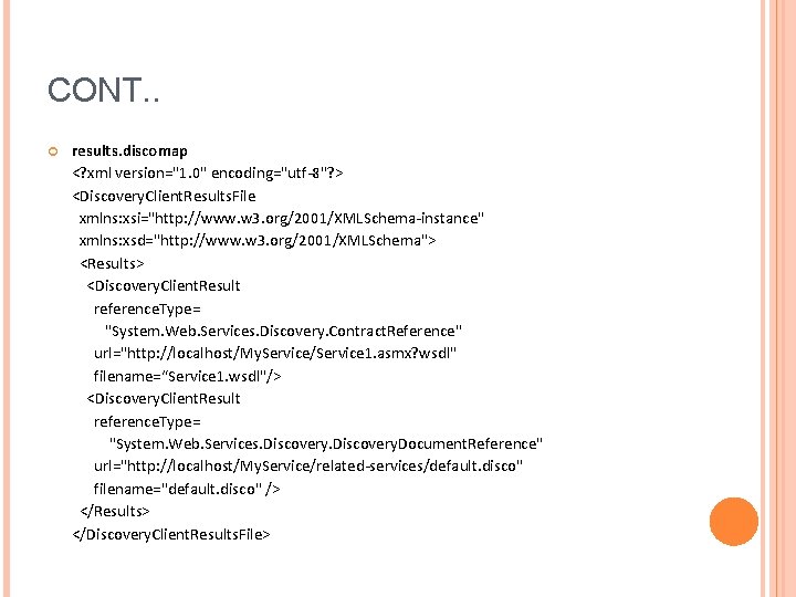 CONT. . results. discomap <? xml version="1. 0" encoding="utf-8"? > <Discovery. Client. Results. File