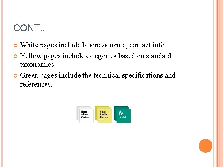 CONT. . White pages include business name, contact info. Yellow pages include categories based
