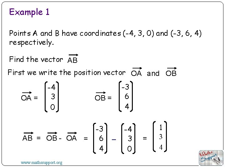 Example 1 Points A and B have coordinates (-4, 3, 0) and (-3, 6,