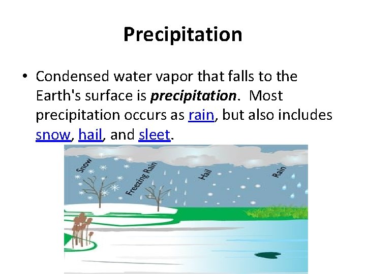 Precipitation • Condensed water vapor that falls to the Earth's surface is precipitation. Most