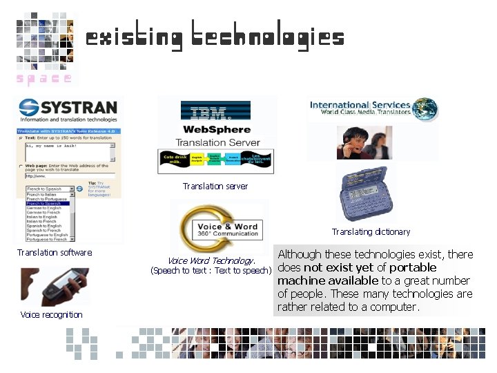 Translation server Translating dictionary Translation software Voice Word Technology. (Speech to text : Text