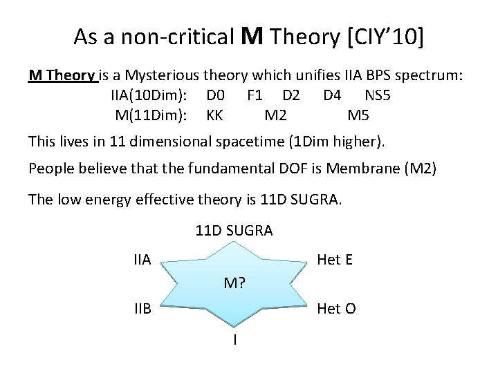As a non-critical M Theory [CIY’ 10] M Theory is a Mysterious theory which