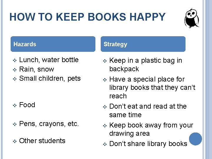 HOW TO KEEP BOOKS HAPPY Hazards Strategy Lunch, water bottle v Rain, snow v