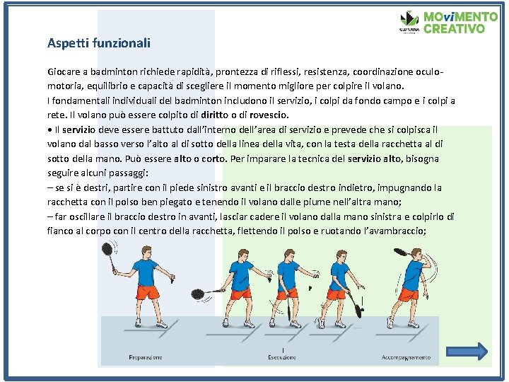 Aspetti funzionali Giocare a badminton richiede rapidità, prontezza di riflessi, resistenza, coordinazione oculomotoria, equilibrio