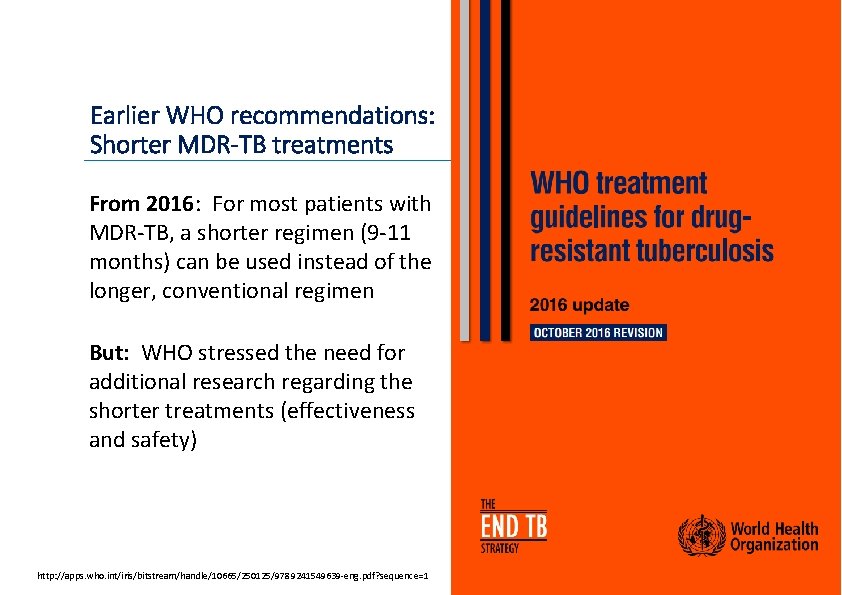 Earlier WHO recommendations: Shorter MDR-TB treatments From 2016: For most patients with MDR‐TB, a
