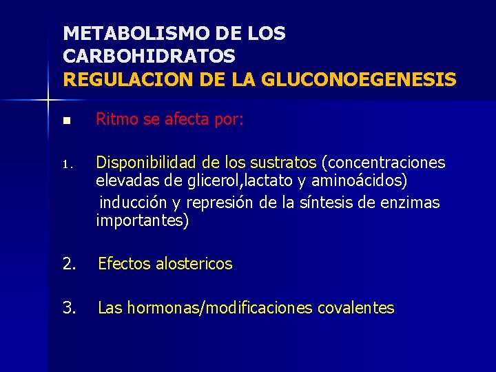 METABOLISMO DE LOS CARBOHIDRATOS REGULACION DE LA GLUCONOEGENESIS n Ritmo se afecta por: 1.