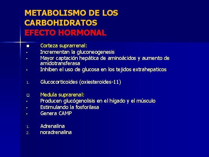 METABOLISMO DE LOS CARBOHIDRATOS EFECTO HORMONAL • Corteza suprarrenal: Incrementan la gluconeogenesis Mayor captación