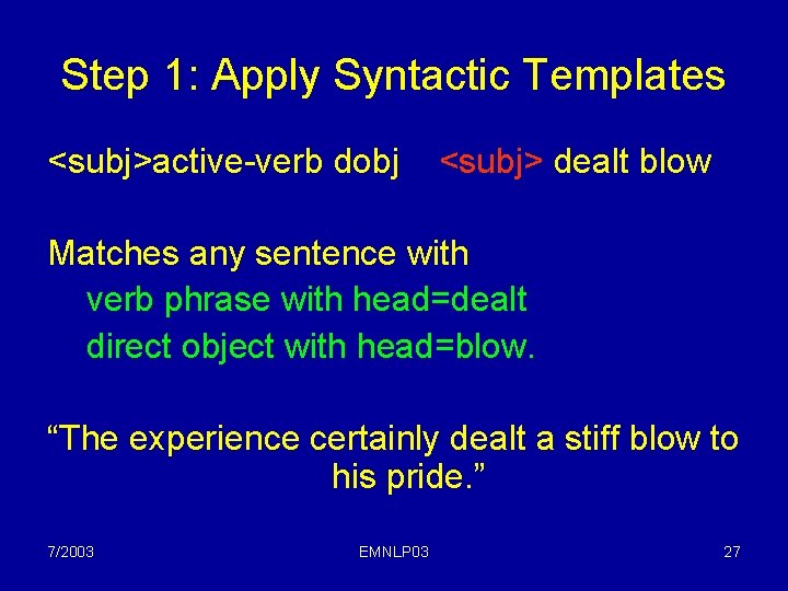Step 1: Apply Syntactic Templates <subj>active-verb dobj <subj> dealt blow Matches any sentence with