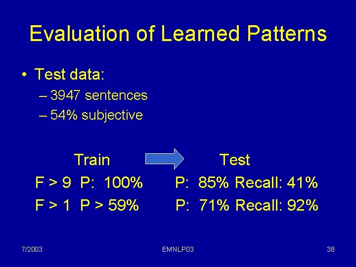 Evaluation of Learned Patterns • Test data: – 3947 sentences – 54% subjective Train