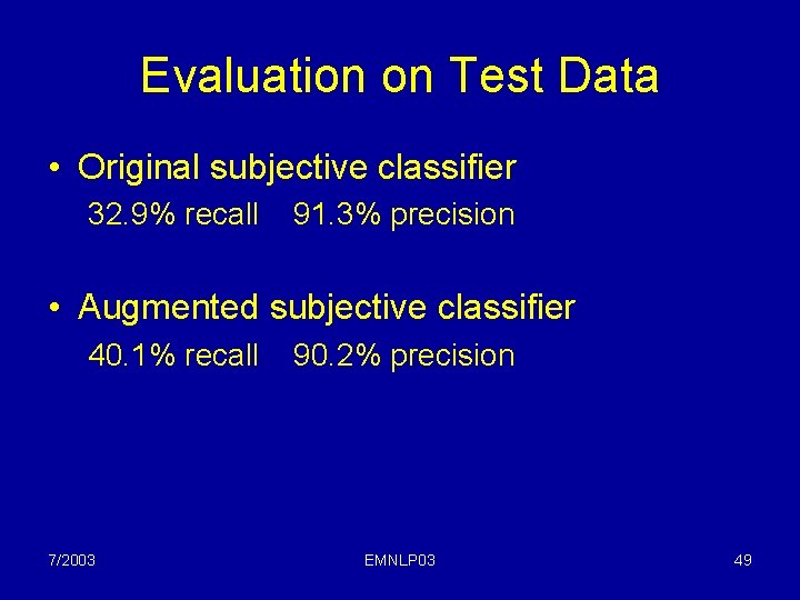 Evaluation on Test Data • Original subjective classifier 32. 9% recall 91. 3% precision