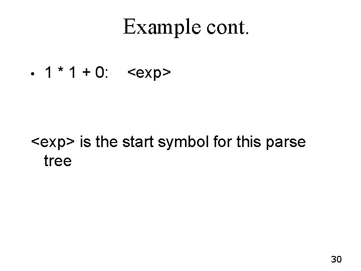 Example cont. • 1 * 1 + 0: <exp> is the start symbol for Example cont. • 1 * 1 + 0: <exp> is the start symbol for